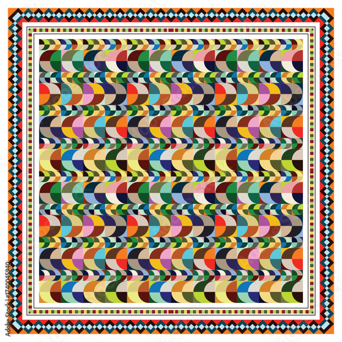 Abstract geometric pattern, colorful scarf triangles and semicircles creating a retro wavy pattern, 
