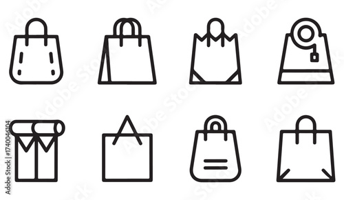 Vector icon set of shopping bags, baskets, and carts representing online and physical retail stores