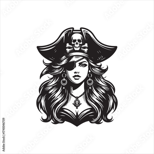 Bold Pirate Captain with Skull Hat Eye Patch and Ornate Jewelry.