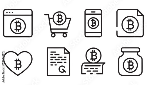 Vector illustration pack of Bitcoin icons showing blockchain, wallet, and transaction concepts.