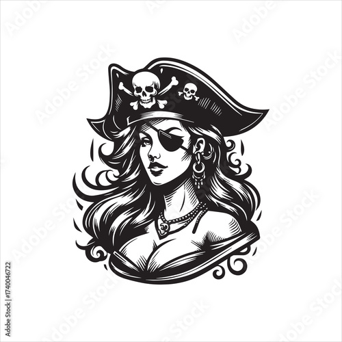 Bold Pirate Woman with Skull Adorned Hat and Intricate Jewelry.