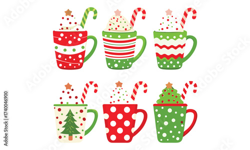 Christmas Hot Cocoa Mug Clipart Set - Red and Green Candy Cane Cups