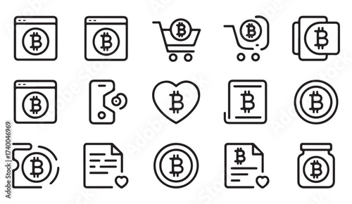 Collection of Bitcoin and cryptocurrency outline icons with wallet, transaction, and digital finance elements.