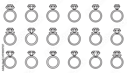Jewelry and gemstone outline icon collection for marriage, engagement, and fashion design themes.