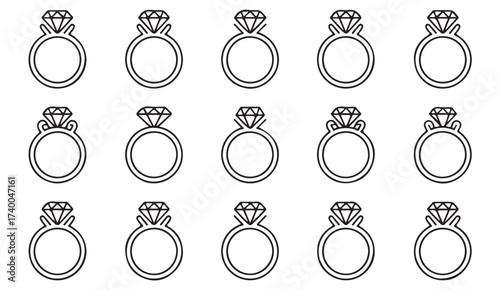 Minimal line vector icons of diamond rings symbolizing elegance, beauty, and luxury accessories