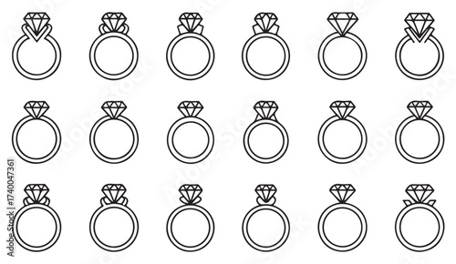 Outline illustration pack of engagement and wedding rings for luxury, fashion, and love-themed designs.