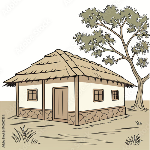 Illustration of a quaint ukrainian house with a thatched roof, evoking a sense of rural charm and cultural heritage a simple abode amidst natures embrace
