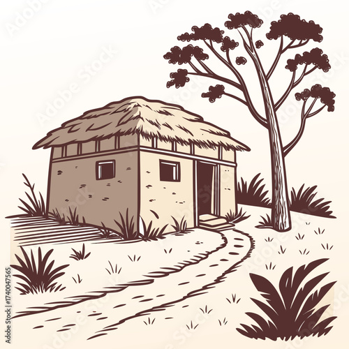 Illustration of a traditional african hut with a thatched roof and a tree next to it, the hut is made of mud and has a small window and a door