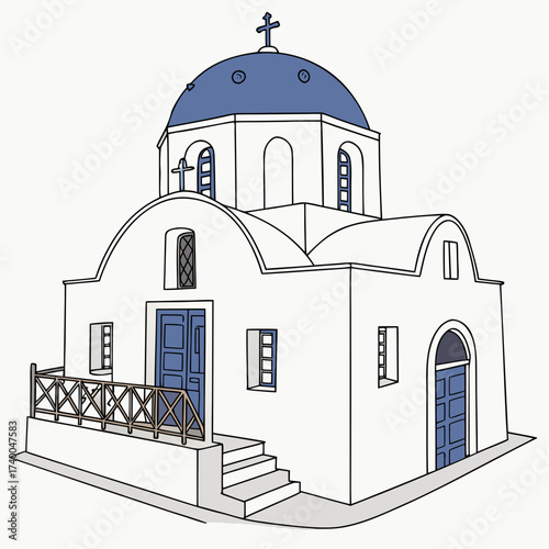 A charming illustration of a traditional greek orthodox church in santorini, greece, showcasing its iconic white walls and blue dome, capturing the essence of greek architecture