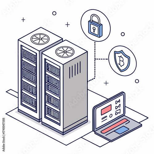 Modern isometric illustration of secure data servers connected to a laptop and cryptocurrency security icons representing blockchain technology and digital safety