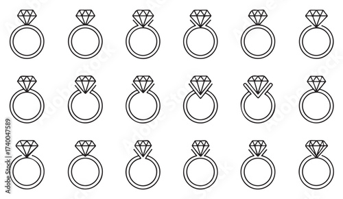 Collection of diamond ring outline icons representing engagement, wedding, and jewelry design in vector style.