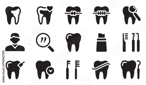Silhouette vector collection of dentistry and orthodontic tools including teeth, braces, and hygiene elements.