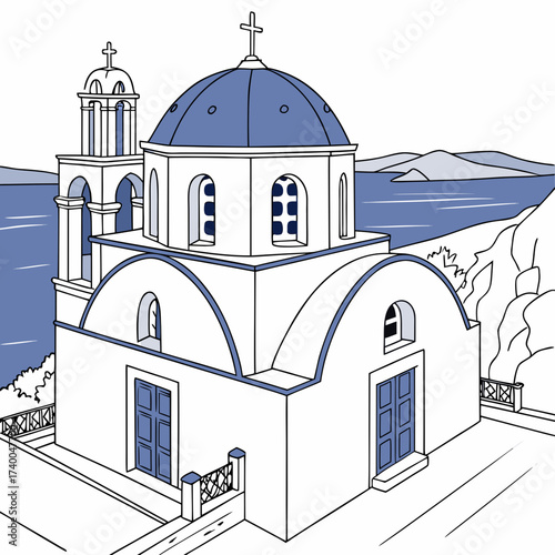 A captivating illustration of a classic greek orthodox church featuring a blue dome and bell tower, set against a scenic coastal backdrop