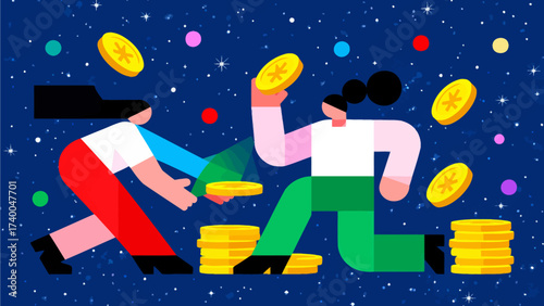 People exchanging gold coins in space