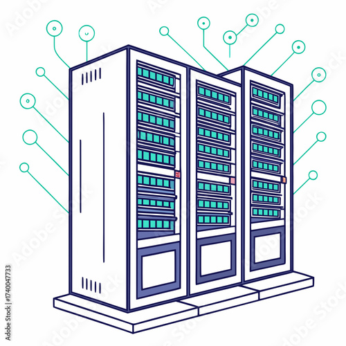 Modern data center servers connected with digital network lines representing cloud computing and technology infrastructure