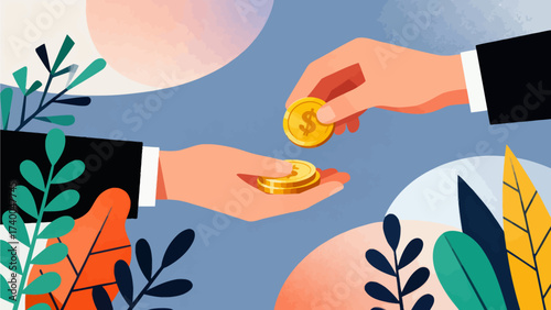 Hand giving gold coins to another hand