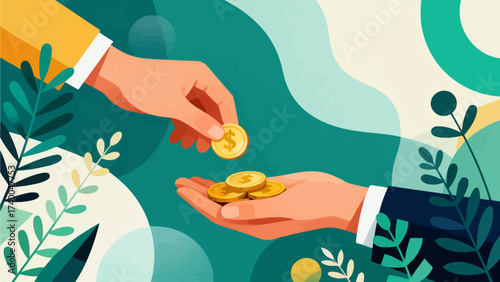 Hand giving gold coins to another hand