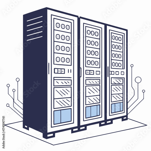 Modern data center server racks with clean lines and digital connections representing technology and information storage