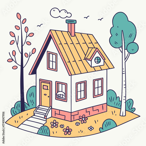 A charming cartoon house nestled amidst lush greenery, complete with a quaint chimney puffing out a cloud of smoke, a delightful scene of home and nature