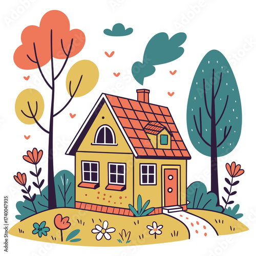 A vibrant cartoon illustration showcases a cheerful yellow house nestled amidst colorful trees and flowers, radiating a sense of playful charm and idyllic countryside living