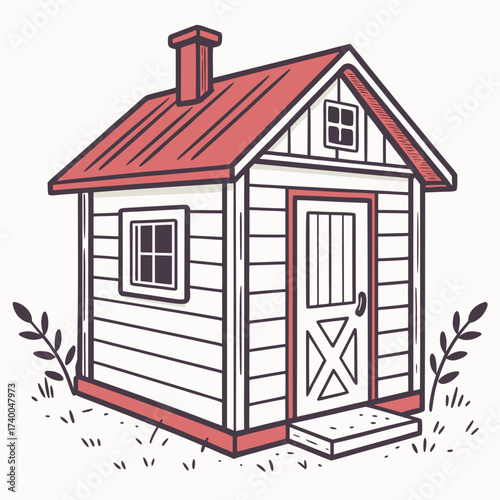A rustic cartoon shed with a charming chimney and a quaint door, surrounded by simple foliage, a delightful scene of simple structure
