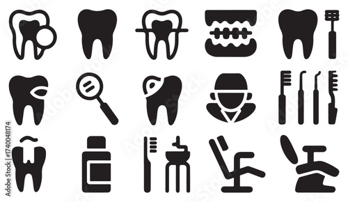 Vector icon set of dentistry and tooth care symbols representing oral health, cleaning, and orthodontic treatment.