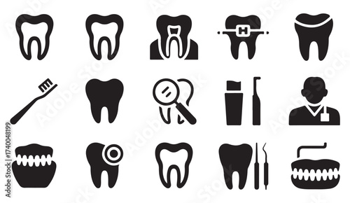Collection of dental and oral hygiene silhouette icons featuring teeth, braces, toothbrush, and dental instruments.