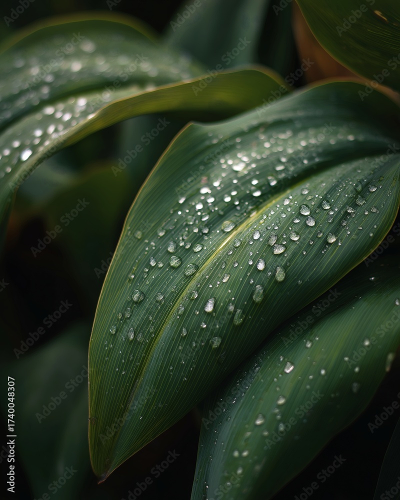 Obraz premium Water droplets adorn the lush green leaves, a refreshing nature scene.