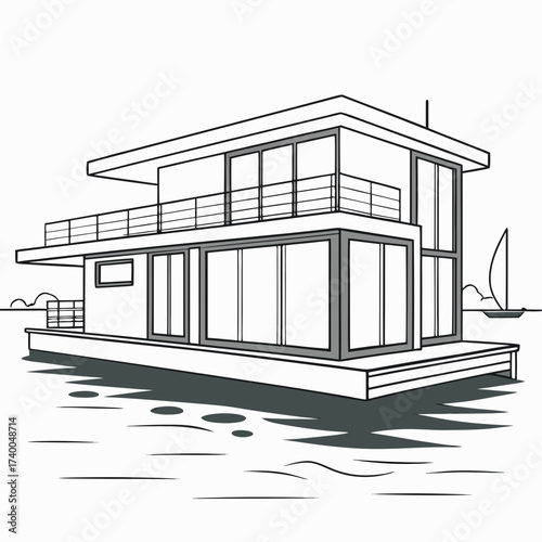 Illustration of a modern house boat, showcasing its sleek design and integration with the surrounding water environment, creating a serene and contemporary living space