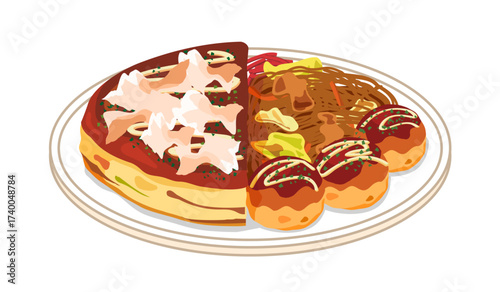皿に盛ったお好み焼きと焼きそばとたこ焼きのイラスト