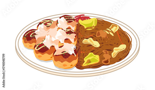 皿に盛ったたこ焼きと焼きそばのイラスト