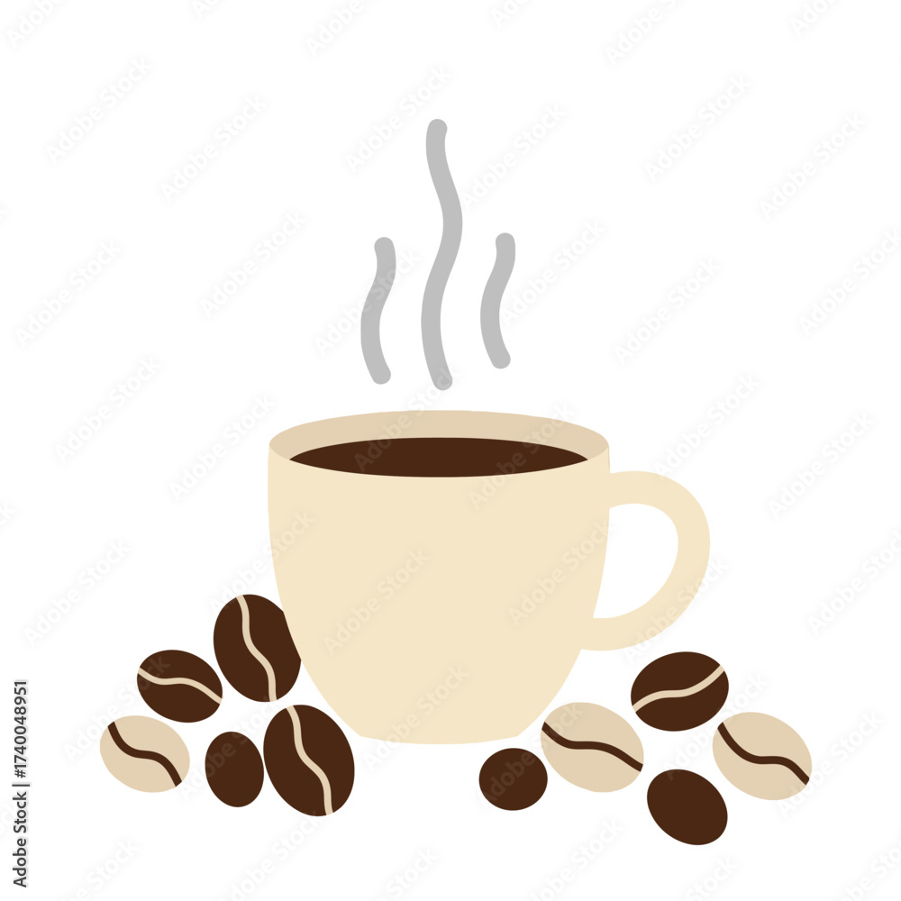 Obraz premium A steaming cup of coffee sits among scattered roasted coffee beans, isolated.