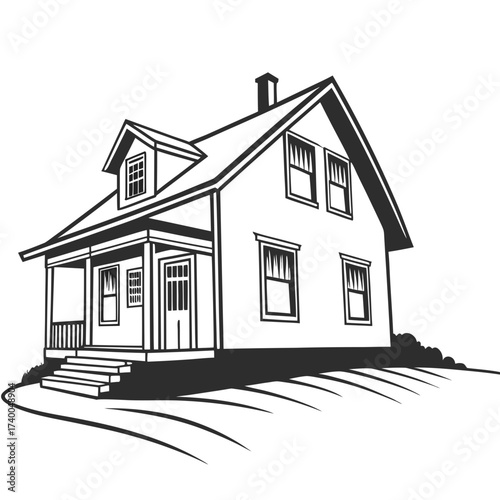 Illustration of a charming twostory house with a dormer window and a cozy front porch, , evoking a sense of home and comfort in a simple design