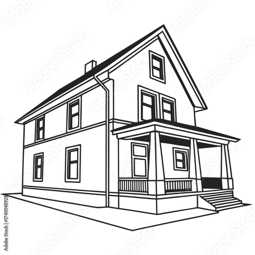 Detailed line drawing of a classic american foursquare house with a prominent front porch, , showcasing architectural details and clean lines