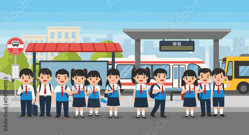 Children waiting for the school bus at the bus stop