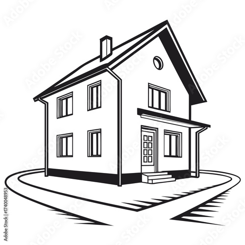 Illustration of a modern twostory house with clean lines and minimalist design, showcasing architectural details and a contemporary style