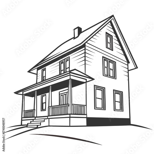 Illustration of a charming twostory house with a welcoming porch, showcasing architectural details and a classic design depicting a cozy home
