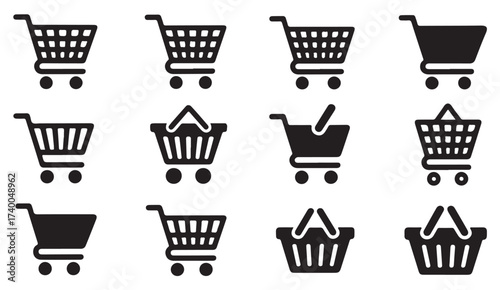 Shopping cart and basket symbol set for e-commerce, trade, and product purchase graphic design.