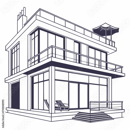 A modern twostory house with a flat roof and large windows, the house has a balcony and a deck with a lounge chair and a small table and a staircase
