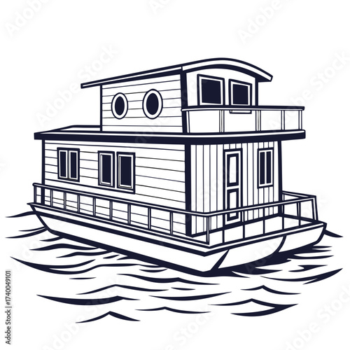 A captivating monochrome line art illustration of a houseboat, , highlighting its architectural details and serene presence on the water with elegant simplicity