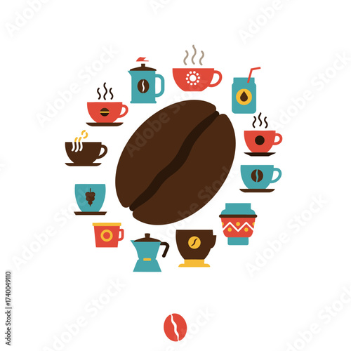 A large coffee bean surrounded by a circular arrangement of various coffee cups, mugs, and pots.