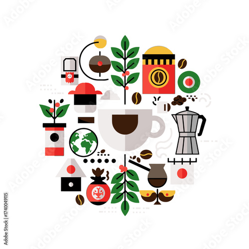 A vibrant circular illustration depicting the journey of coffee, from bean to cup, with various symbolic elements.