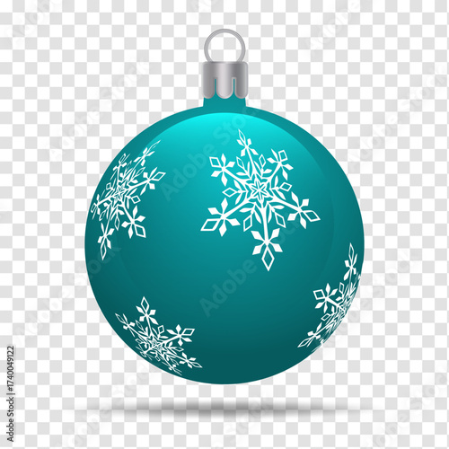 Turquoise sphere ornamented with delicate white snowflakes hangs gracefully 