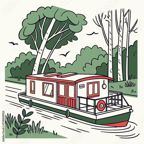 A charming houseboat glides along a tranquil river, surrounded by lush green trees and foliage, creating a serene and idyllic scene
