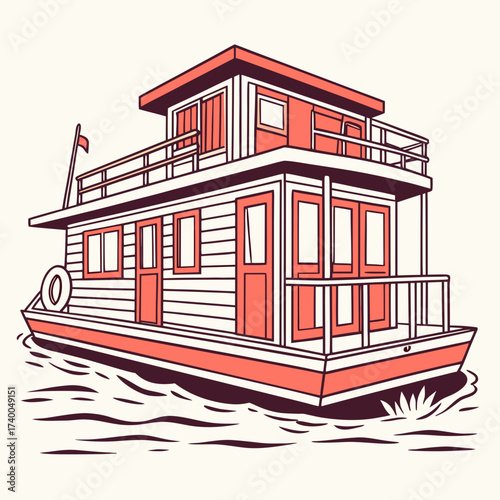 A charming twostory houseboat with a rooftop deck, painted in vibrant red and white, floats gently on the water, creating a picturesque scene