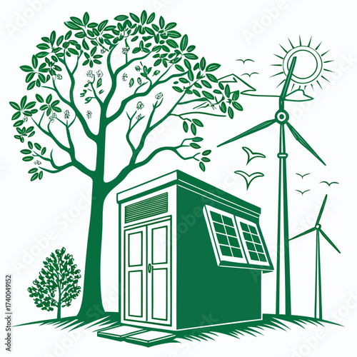 Green energy concept with a modern house powered by solar panels and wind turbines surrounded by trees and birds