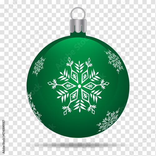 Green Christmas ornament displays elaborate white snowflake pattern 