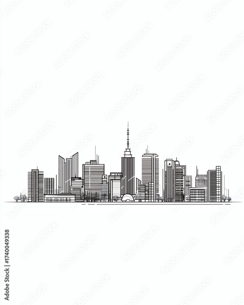 Naklejka premium Cityscape Outline: Minimalist city skyline illustration in black and white.