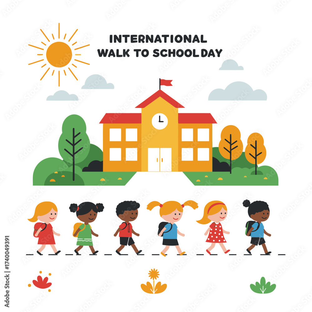 Obraz premium A diverse group of children with backpacks walking in a line to school on International Walk to School Day.