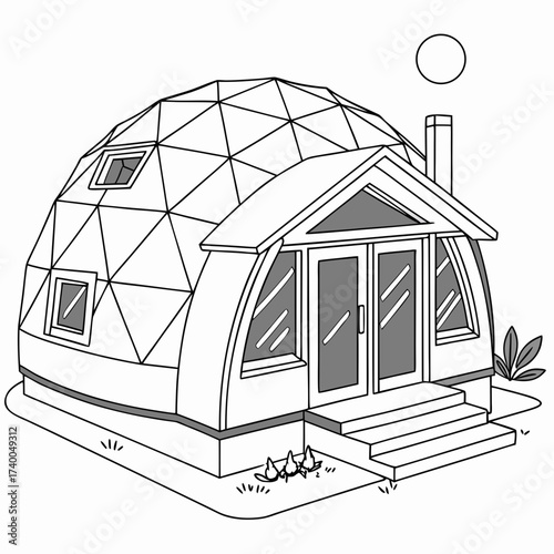 Illustration of a geodesic dome house with a porch and chimney, showcasing its unique architectural design and sustainable living concept